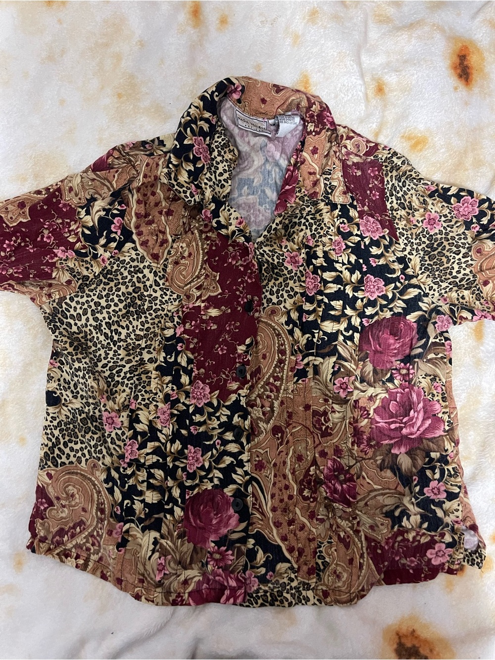Women's Button-Front Patchwork Blouse in Burgundy and Black